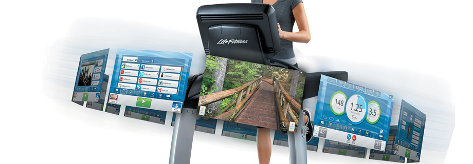 Life Fitness treadmill and interface screenshots